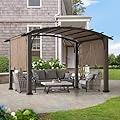 Sunjoy 10’ x 12’ Pergola, Outdoor Steel Arched Pergola with Adjustable Canopy and Natural Woodgrain Metal Posts for Patio, Backyard, and Garden, Tan…