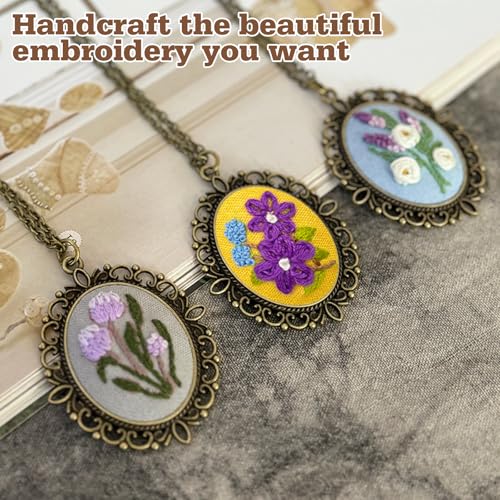 Image of ZOCONE New 4 Packs Embroidery Necklace Kits, Embroidery Pendant Kit Mini Cross Stitch Kit with Hoop, Necklace, Pendant, Stamped Pattern Cloth, Instructions, etc., Embroidery Kits for Adults