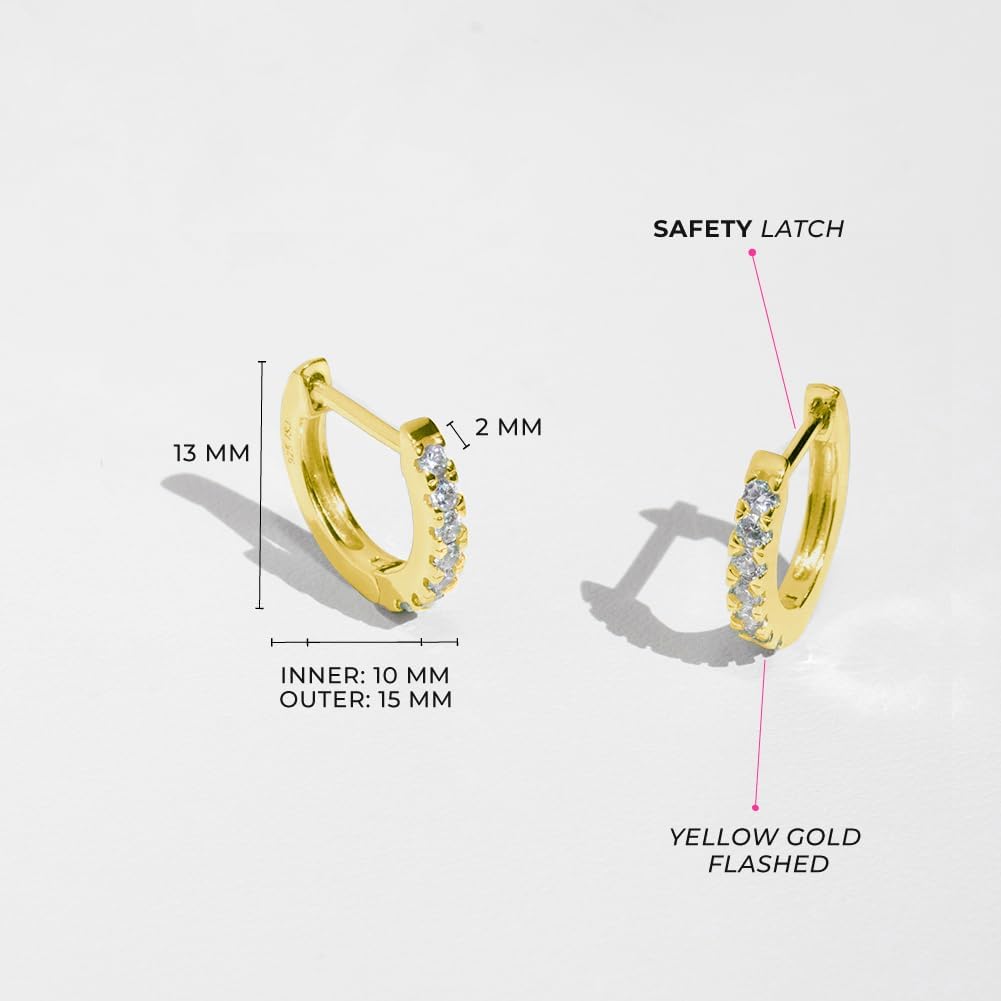 925 Sterling Silver Yellow Gold Flashed Classic Clear Cubic Zirconia Hoop Huggie Earrings for Young Girls - Small Hoop Earrings for Young Girls and Pre-teens