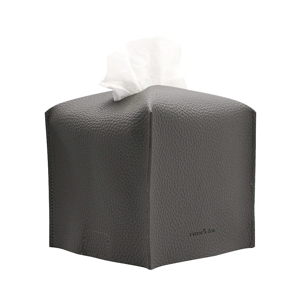Carrot's Den Tissue Box Cover with Bottom Belt PU Leather Decorative Organizer for Bathroom, Car, Office | Charcoal, Square