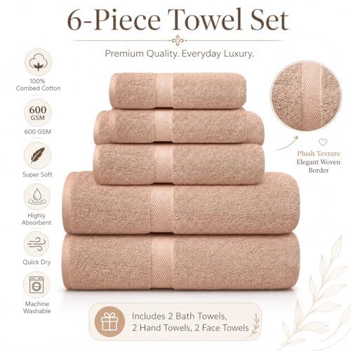 Image of Sulfar 100% Combed Cotton, 6 Pcs Towel Set - 2 Bath Towels (70 x 140 cm), 2 Hand Towels (40 x 70 cm) and 2 Face (30 x 30 cm) (600 GSM, Pack of 6) Nature Lux