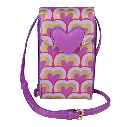 Agatha Ruiz de la Prada, Bolso Porta Móvil con Tarjetero, Bolso para Móvil Lila con Corazones Dorados y Malva en Polipiel Reciclada Eco, con Asa Ajustable y Práctica Cremallera, Llavero Incluido