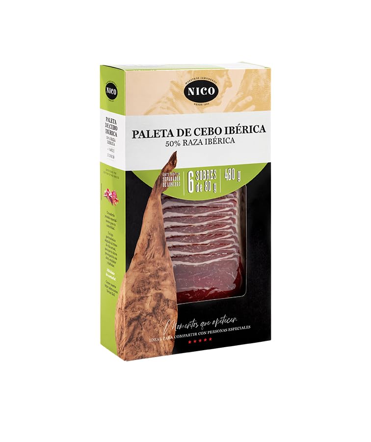 NICO JAMONES - Estuche de 6 sobres de 80 g de Paleta de Cebo Ibérica 50% raza ibérica