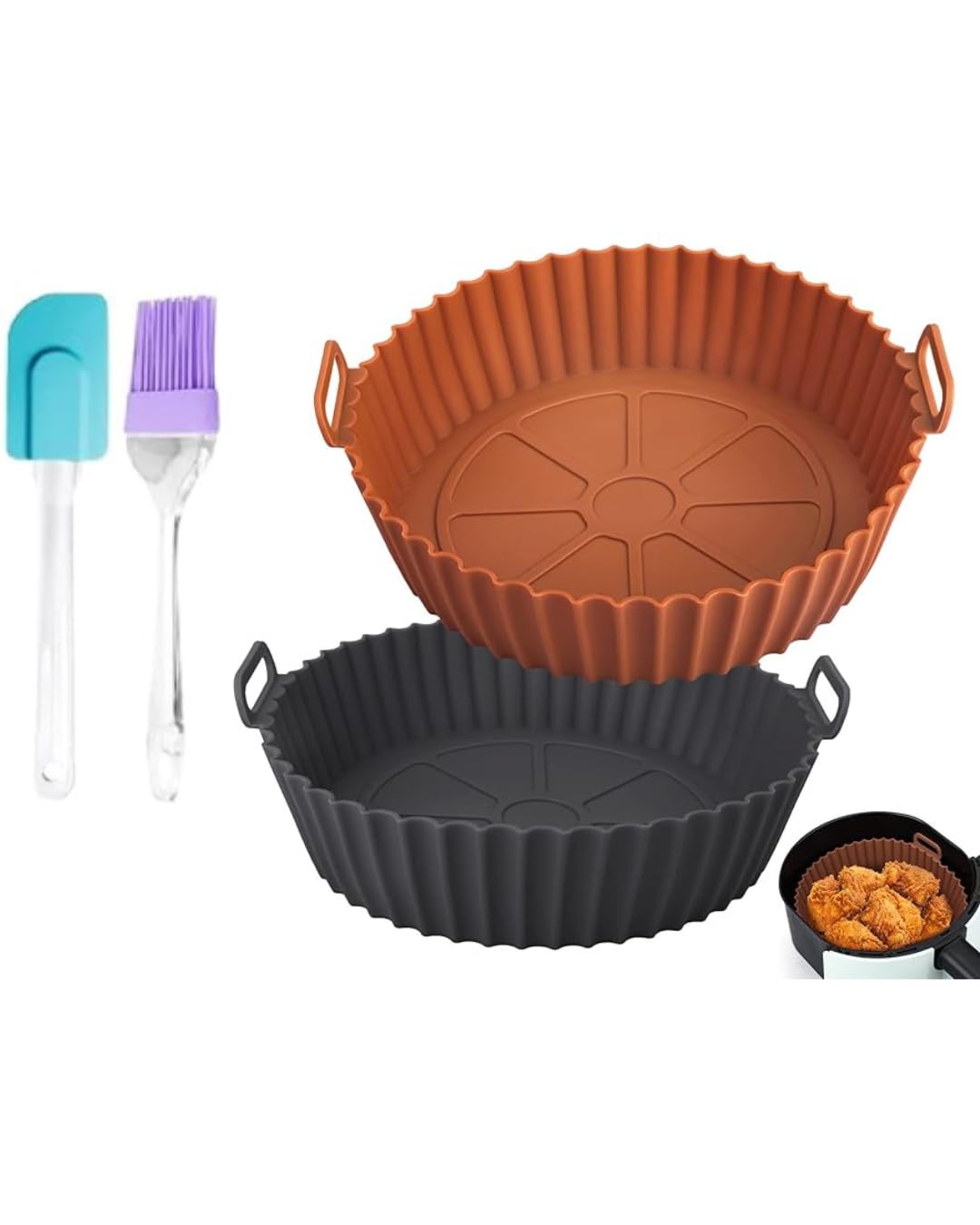 Air Fryer Silicone Liner Set with Handles, Cooking Oven Accessories Ideal for Home, Round Baking Tray, Reusable, Multicolour, Includes Oil Brush and Spatula-image-43