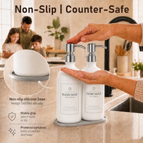 Image of Fachixy White Glass Soap Dispenser (2 Pack), 16 Fl Oz Hand & Dish Soap Dispenser Bottles Set with Rust-Resistant Stainless Steel Pump, Non-Slip Pad, 14 Waterproof Labels for Kitchen and Bathroom