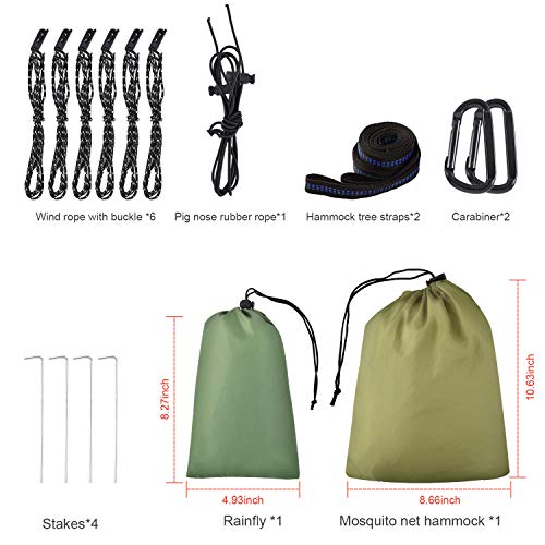 Firiner Camping Hammock With Rain Fly Tarp And Mosquito Net Tent Tree Straps, Portable Single Double Nylon Parachute Hammock Rainfly Set For Backpacking Hiking Travel Yard Outdoor Activities Green #TOP6