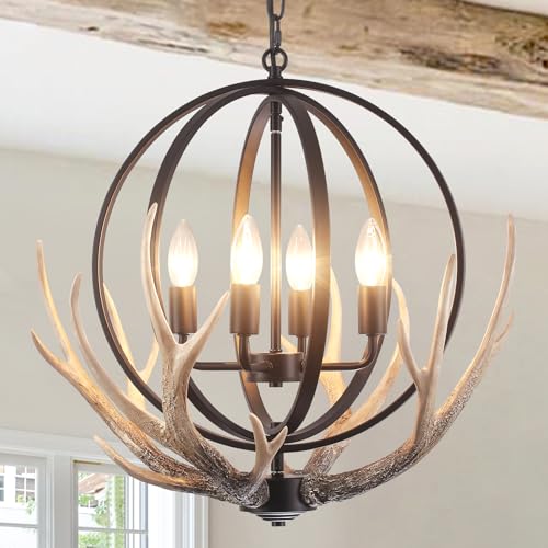 Antler Chandelier 4-Light Farmhouse Rustic Chandelier for Dining Room Light Fixture with 4 Resin Deer and Metal Globe Chandeliers Vintage Pendant Lights for Kitchen Island Foyer Entryway Living Room