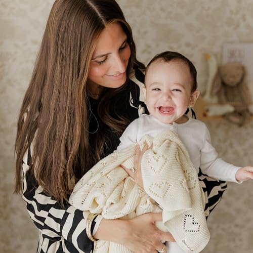 Image of Heirloom Knit Heart Receiving Unisex Blanket for Boys and Girls - 100% Luxury Cotton Baby Blanket - Soft Warm Swaddle Receiving Blanket for Newborns Infants & Toddlers (Ivory)