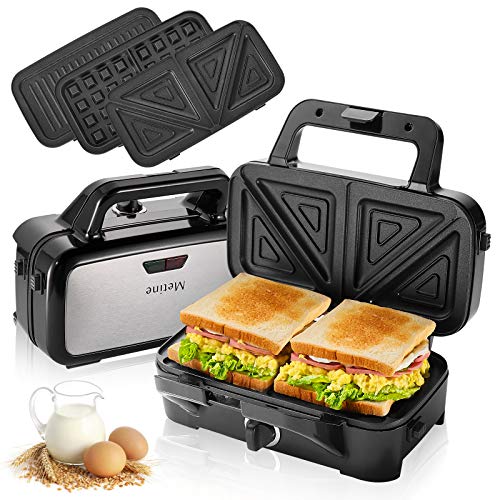 Metine Sandwich Maker Waffle Iron Panini Press for Breakfast 3-in-1 1200W Waffle Maker with Removable Plates 5-gears Temperature Control Non Stick Coating Cool Touch Handle Anti-skid Feet Sandwich Press