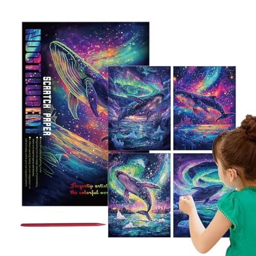 Regenbogen-Kratzkunst-Sets mit Glow-in-the-Dark-Funktion, 4 Papierbögen und Stift, lustiges kreatives Zeichenset für Kinder, Jugendliche und Erwachsene, Bastelprojekte