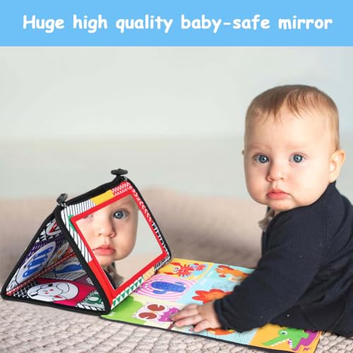 Aolso Baby Spiegel Mit Knisterbuch - Entwicklungsspielzeug 0-12 Monate, Faltbar, Schwarz-Weiß Wahrnehmungs-Lernspielzeug für Neugeborene - Geschenk