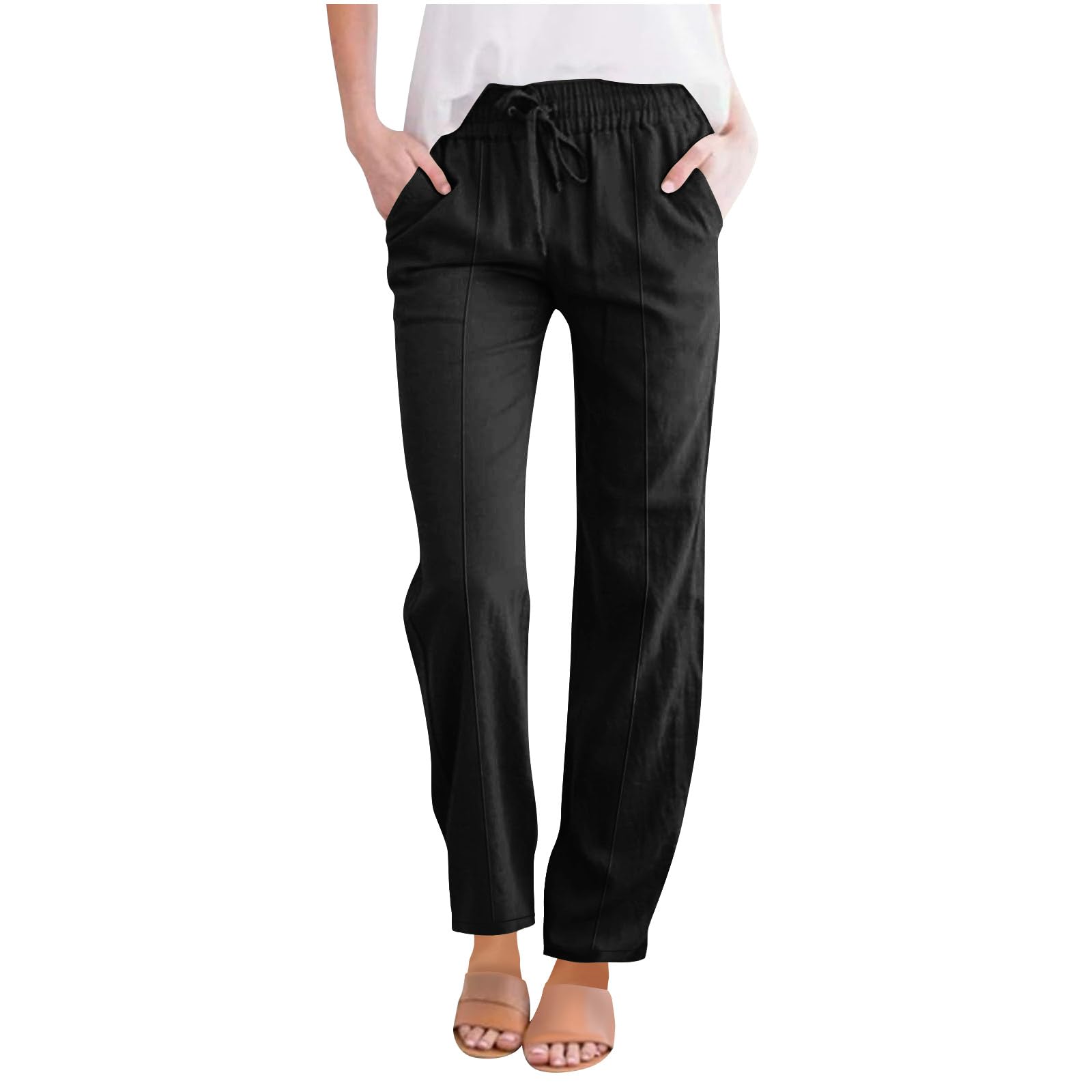Hvyesh Womens Linen Pants Casual Pants High Waist Drawstring Loose Fit Summer Straight Leg Trousers with Pockets