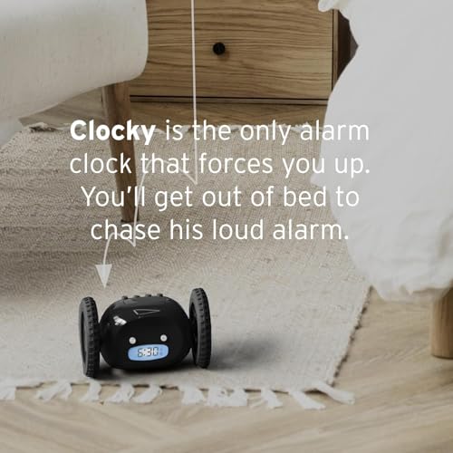 Image of CLOCKY Alarm Clock on Wheels - Loud Rolling Alarm Clock for Heavy Sleepers | Runaway Clock that Jumps & Runs to Wake You Up | Funny Unique Gift for Adults, Teens & Kids Bedrooms (Black Wheels)