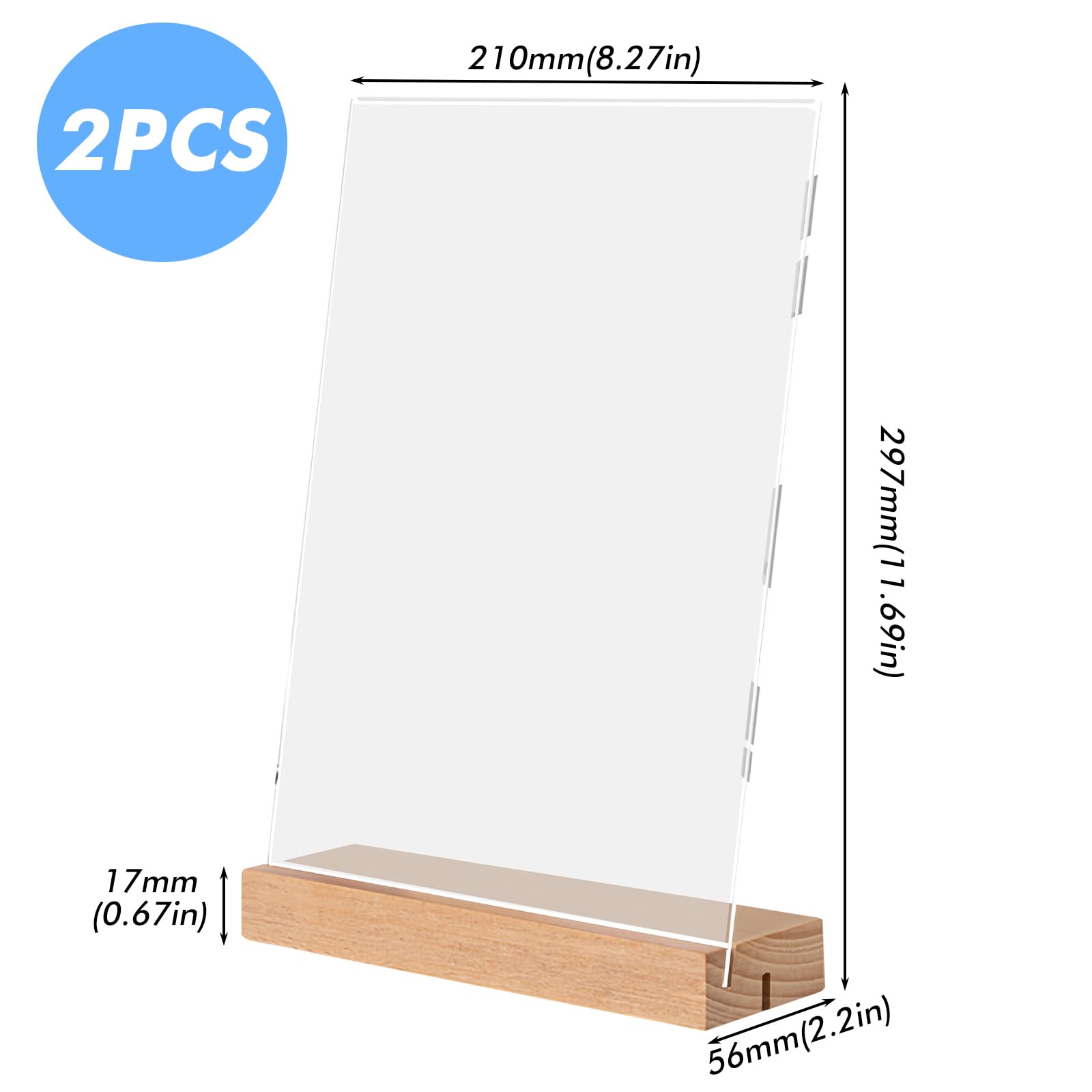 Lot de 2 présentoirs de table A4 : présentoir en acrylique A4 avec pied en bois, support de panneau double face L/T pour présentoir publicitaire, restaurant, comptoir, cafés