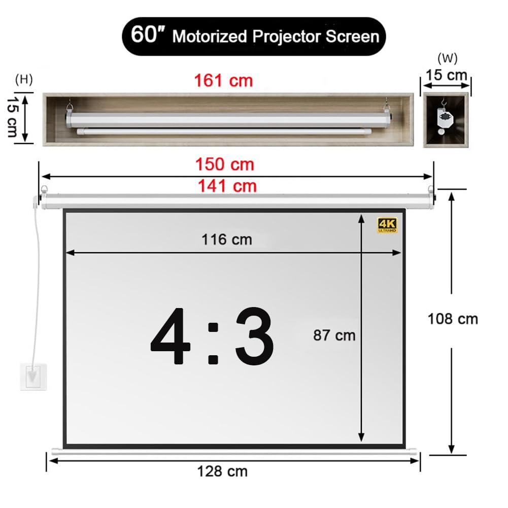 Schermo per Proiettore Motorizzato da 60 Pollici,Schermo di Proiezione a Scomparsa HD 4K/3D con Telecomando,Schermo per Film da Parete/Soffitto per Home Theater,Ufficio(60 inch(4:3))
