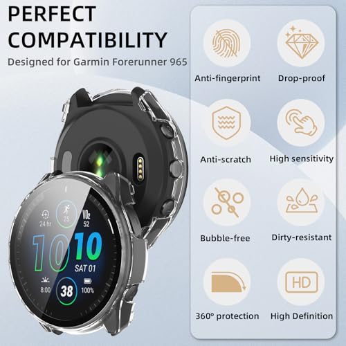 Image of Case Compatible with Garmin Forerunner 965, PC Case with Tempered Glass Screen Protector Protective Case Full Protection Scratch-Resistant Ultra Thin Buffer Protection Case for Garmin