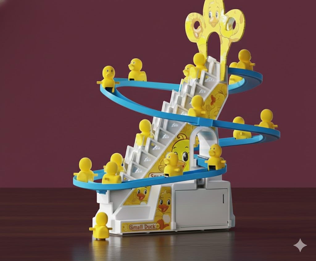 Duck Slide Tower Track Toy with Musical Climbing Stairs, Battery Powered, Yellow and Blue, Interactive Playset for Kids 3 Years and Up