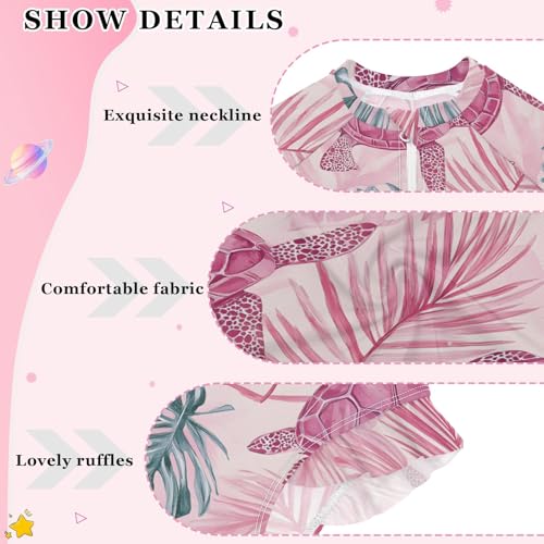 Pink Turtle Leaves Pattern Girls Long Sleeve Swimsuit Rash Guard One Piece Bathing Suits Zipper 3-12T4