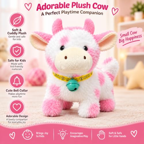 Image of Hopping Walking Plush Cow Toy with Sounds, Walking Cow Wiggling Tails, Twitching Mouth, Cute Soft Stuffed Animal Educational Interactive Toy for Baby Boys & Girls Kids