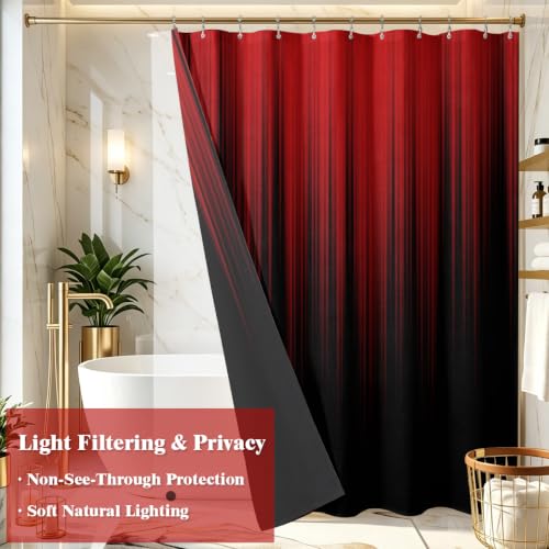 Image of AAtter 3 in 1 Red Black Gothic Shower Curtain Set, 72x72 Inch, 12 Hooks | Polyester Fabric with PEVA Liner, Burgundy Ombre Pattern, Modern Abstract Style, Standard Bathroom Decor for Men