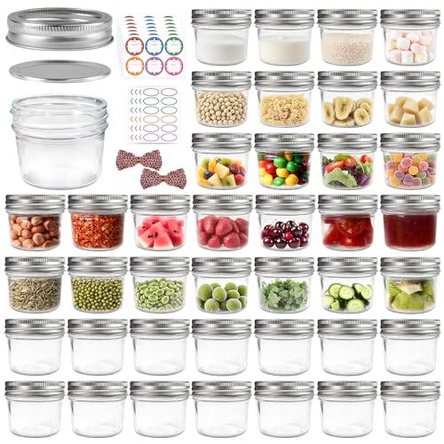 PINIWON 40 Pack Mason Jars 4 oz with Regular Lids and Bands, Mini Canning Jars, Small Glass Jars for Jam Jelly Honey Crafts Wedding Favors