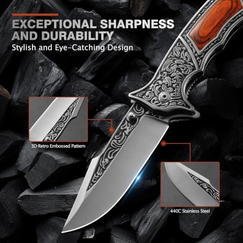 Image of DRACHENADER Pocket Knife with Sheath and Clip, 440C Stainless Steel Folding Knife 3D Retro Embossed Pattern, Gifts Christmas, Birthday, Father's Day (D-J37)