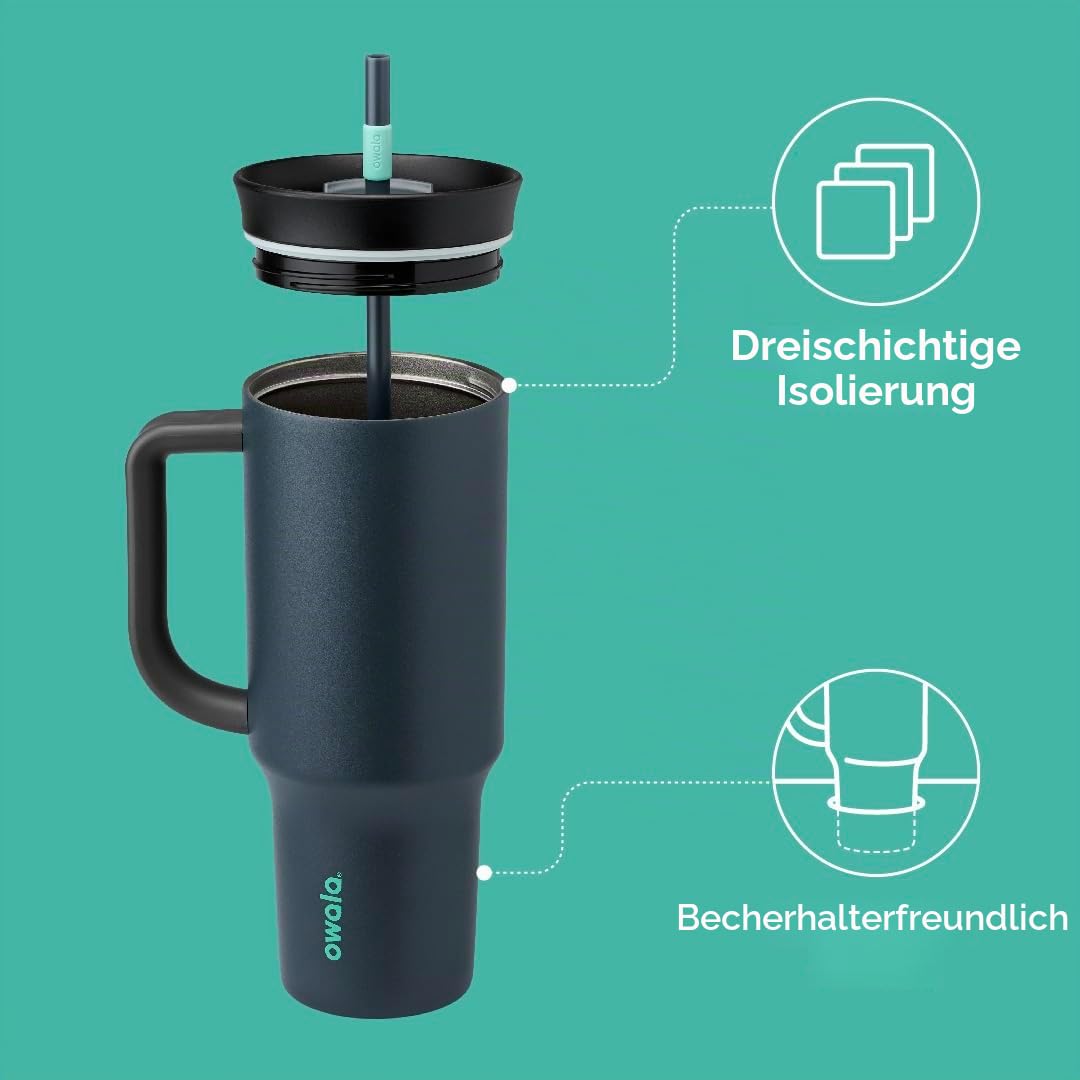 Owala Edelstahl Tumbler Thermobecher, 1.18 L – Isolierter Thermobecher mit Verschüttungssicherer Deckel, Strohhalm und Tragegriff, optimal fürs Auto und Reisen, Foggy Tide