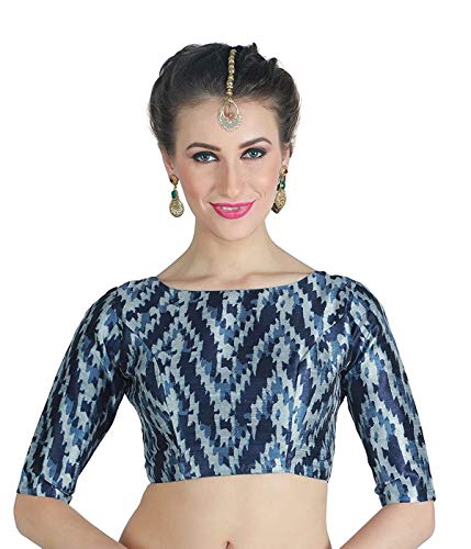 Boat Neck Readymade Stitched Printed Saree Blouse Poly Silk Fabric Indian Sari Choli Tunic Wedding Top Women (x Large-38)