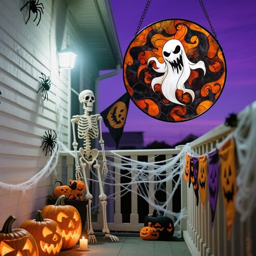 Image of Stained Glass Window Hanging - Halloween White Ghost Suncatcher for Doors Window Garden Indoor Spooky Funny Orange Sun Catchers Gothic Decor Horror Gifts for Women Men Friend 15 in