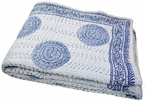 Block Kantha Quilt Indian Kantha Quilt, White Cotton Blanket Handmade Bedspread Hand Block Print, 100% Cotton Bedspread Blanket Throw (60X90 inch)