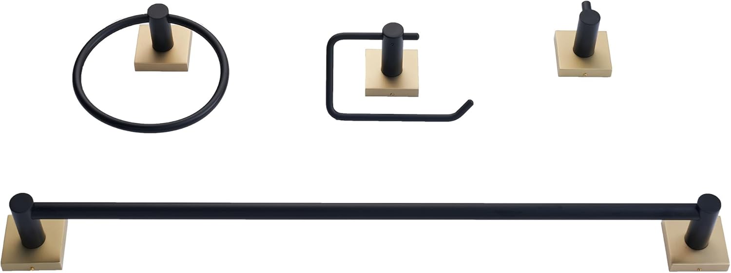 SENTO VINTO Bathroom Accessories Set, Heavy Duty Metal Bath Hardware Set Wall Mounted, Includes Robe Hook, Standard Toilet Paper Holder, Towel Ring, 24” Towel Bar (4-Piece, Matte Black+Satin Brass)