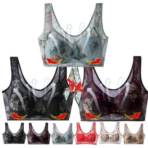 Bra Designed by 70 Year Old Woman, Lace Buttonless Comfortable Bra, Ice Silk Lace Cooling Comfort Bras (3PCS-B,3X-Large)