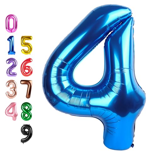 Image of Number Balloons Blue 4 Balloon 40 inch for 4th Birthday Party Decoration | Saturated Color, Large 40 in, With Inflation Straw & Hanging Hole, Great for Men's Party, Back-To-School Season, Pool Party