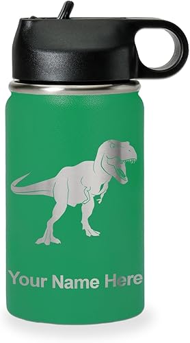 Vista 270 de LaserGram Botella de agua personalizada, dinosaurio tiranosaurio Rex, acero inoxidable de doble pared aislada al vacío con popote superior, regalo