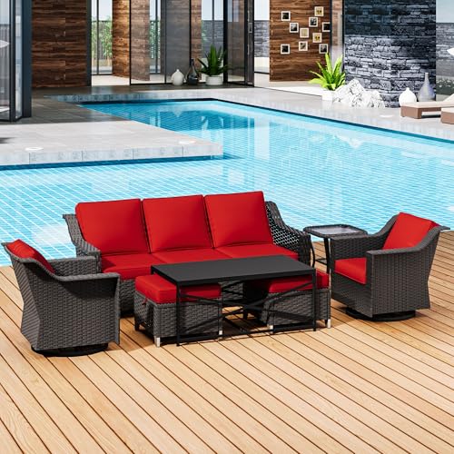 Image of 7 Pieces Outdoor Conversation Furniture Set - 77 inch Patio Sofa, 2 Swivel Rocker Chairs, 2 Ottomans, 1 Side Table, 1 Metal Table, Wicker Couch with Washable Cushions for Balcony (Red) | Patio Chair Set with Olefin Removable Cushion, All-Weather Outdoor Couch with Deep Seat for Porch, Deck and Backyard, Red