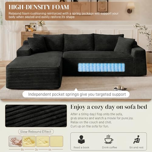 Image of 95 inch L Shaped Cloud Boneless Sectional Couches for Living Room, Modern Comfy Modular Deep Seat Memory Foam Compressed Corduroy Sofa Oversized Left Facing Chaise, No Assembly Required, Balck