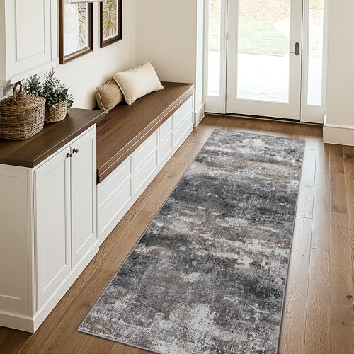 Runner Rug for Hallway Kitchen, 2x12 Machine Washable Runners Rug for Entryway, Soft Modern Abstract Throw Rugs, Low Pile Floor Cover with Non Slip Backing, Dark Gray