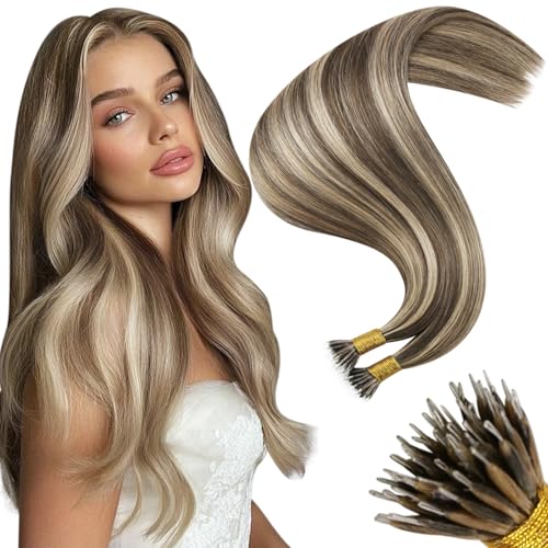 Image of Moresoo Nano Ring Hair Extensions Human Hair, Strawberry Blonde, 24 Inch | 50g 50 strands, extra-long straight length, medium brunette strawberry blonde, weddings, parties and fashion styling