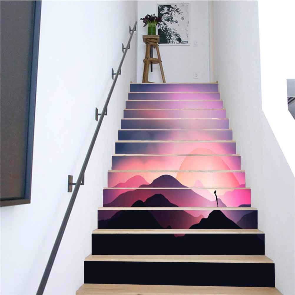 Stair Sticker Mural Waterproof Self Adhesive Staircase Decal Sunset or Dawn Over Mountains with Man Staring int Stair Riser Stickers Self-Adhesive Backsplash Tiles Decals Removable 39 3 x 7 08 Inch