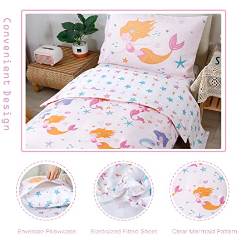 Image of PERFEMET Toddler Bedding Sets Girls 4 Pieces Pink Mermaid Toddler Bed in A Bag Soft Reversible Blush Toddler Bed Set Include Comforter, Flat Sheet, Fitted Sheet, Pillowcase