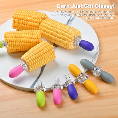 Corn on the Cob Holders Set with Interlocking Design & Storage Case, Silicone Handles + Stainless Steel Pins | Corn Cob Holders for BBQ, Picnics, Dishwasher Safe & Non-Slip Corn Skewers & Sticks.