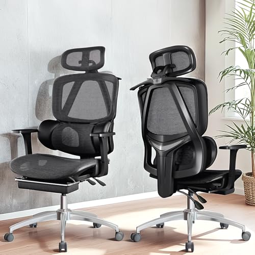 La Mejor Lista de Sillas con reposapiés al mejor precio. 45 OUO T70 Silla de Oficina Ergonómica, Malla Transpirable, Reposacabezas Ajustable, Base Cromada (T70AluNegro)