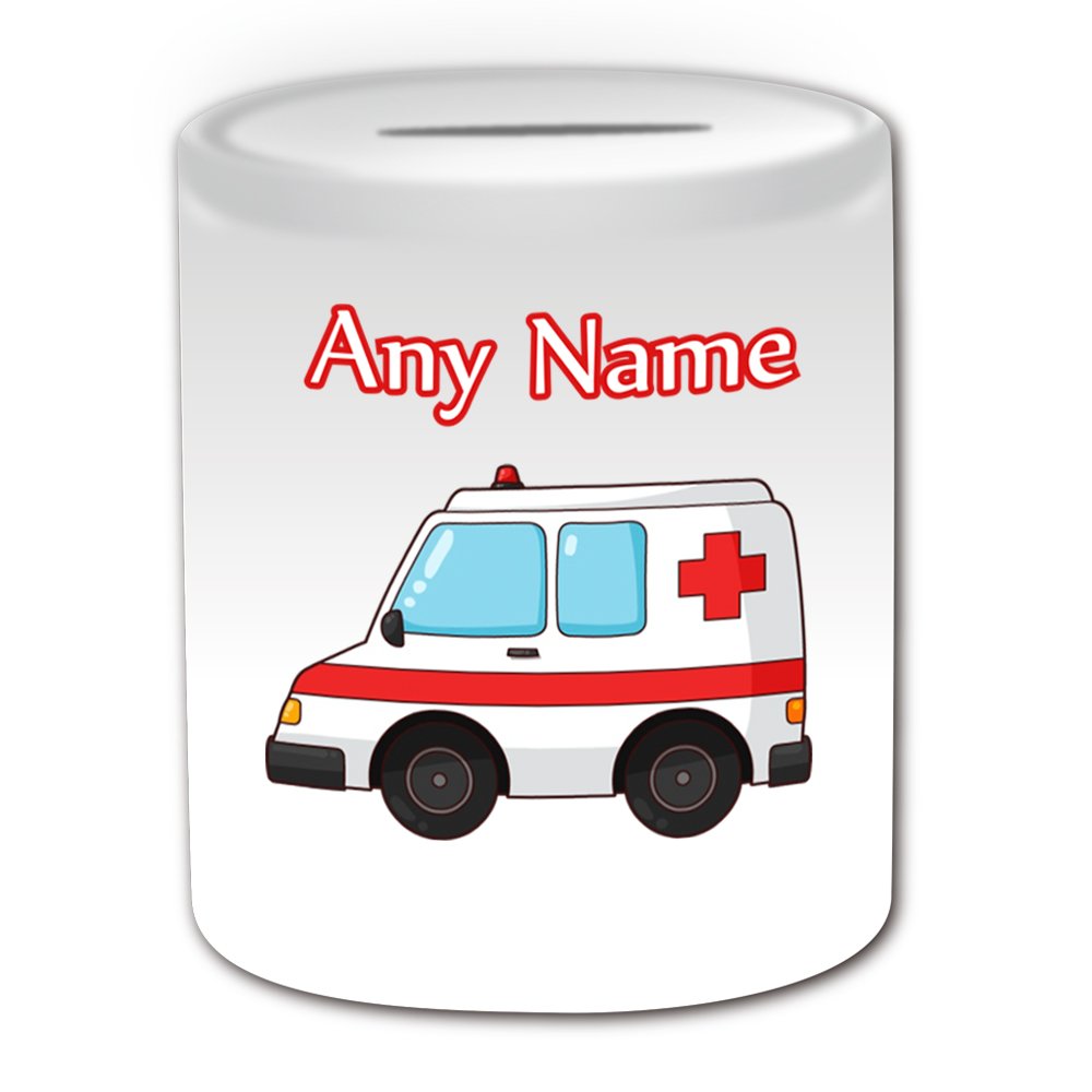 Unigift White Personalised Gift - Ambulance Money Box (Transport Design Theme, ) - Any Name / Message On Your Unique - Saving Piggy Bank - Nhs Van Vehicle Hospital St John Red Cross Paramedic Emergency Services 999 Driver Automobile
