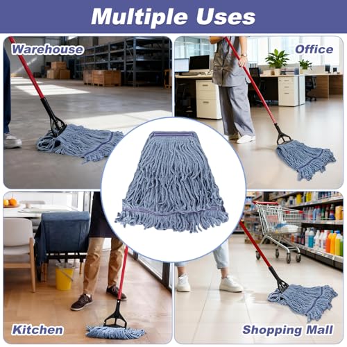Image of 6 Pack Commercial Mop Head Replacement, Heavy Duty Reusable Mop Heads for General and Floor Cleaning, Wet Industial Blue Cotton Looped End String Cleaning Microfiber Mopheads Refills