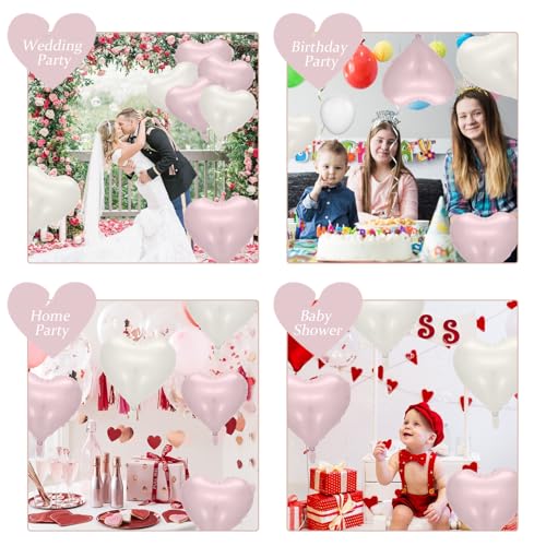 Image of Baby Pink Heart Balloons: 10PCS 18inch Pastel Pink Beige Foil Heart Balloons for Girls Birthday Baby Shower Valentines Decorations