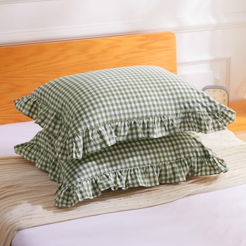 2 Pack Sage Green White Plaid Ruffle Pillow Shams Standard Size 20x26 inches, 100% Cotton Gingham Checkered Farmhouse Pillowcases for Bed/Sofa (20x26 inches, Sage Green/White Plaid)
