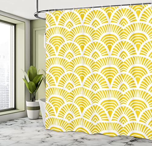 ABAKUHAUS Yellow Shower Curtain, Vintage Hand Drawn Style Art Nouveau Pattern Geometrical Retro Scales Japanese - Image 4