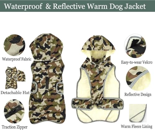 Etechydra Winter Hundejacke with Abnehmbarem Hut, Hundemantel Wasserdicht Reflektierend Hund Mantel Warme Hoodie Fleece Welpenmantel, Jacken für Kleine Mittlerer Große Hunde, Grün, S