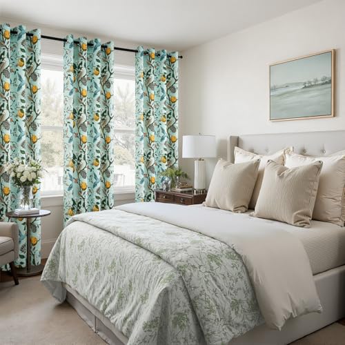 Image of Topfinel 90 Inches Long Curtains Mint Green Whimsical Woodland Leaf Jungle Flower Hummingbird Victorian Grommet Thick Sage Green Curtains for Balcony Sliding Glass Office Bedroom Living Room