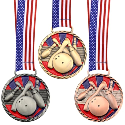 Huquary 3 Pcs Bowling Medal 2.5 Inch Bowling Trophy Gold Silver Bronze 1st 2nd 3rd Place Award Medals with Stars and Stripes American Flag Ribbon for Competitions Club Celebration Souvenir Tournament